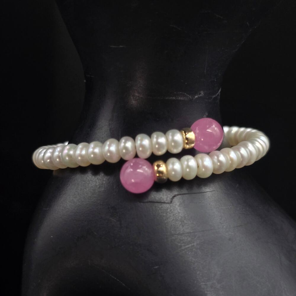 Cultured Pearl Wrap By Pass Bracelet Rose Quartz Bead Tips